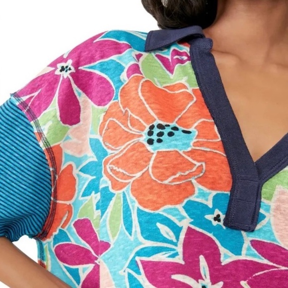 Nwt Free People On a Boat Cropped Boxy Polo in Coastal Floral Combo Size Medium - Picture 4 of 5